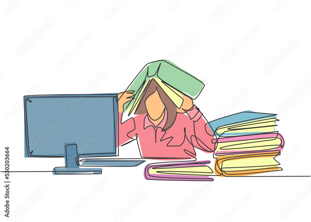 Poster one single line drawing of young depression female employee sitting in front of computer and stack o