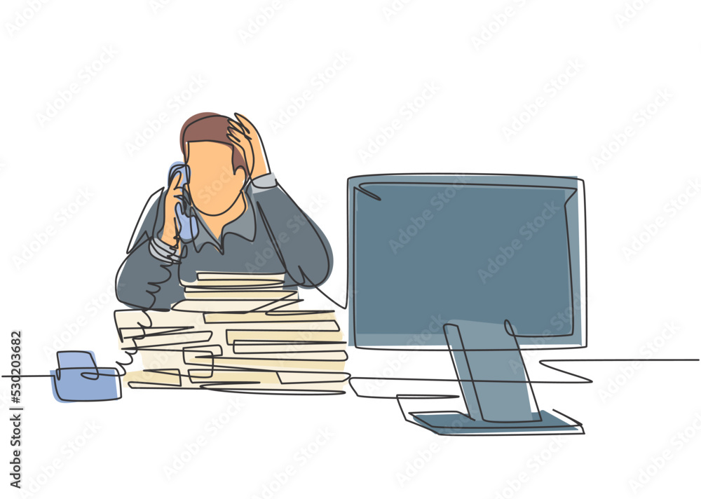Poster single continuous line drawing of young bored male worker receiving phone call from customer behind 