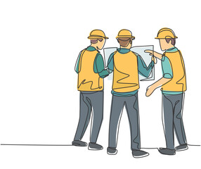 Single continuous line drawing of young architect and foreman brainstorming about blueprint building design. Construction discussion planning concept. One line draw graphic design vector illustration