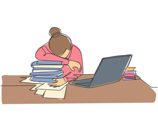 Single continuous line drawing of young tired female employee sleeping on the work desk with laptop and pile of papers. Work fatigue at the office concept one line draw design vector illustration