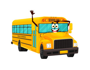 Cartoon cute school bus character. Isolated vector yellow transportation for children students and pupils, schoolbus personage waving hands greeting kids. Friendly vehicle invite children on board