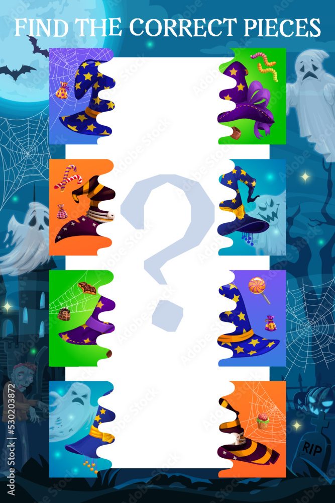Poster find the half piece of halloween witch hats. objects parts matching riddle or piece connect children