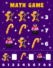 Cartoon Halloween sweets and candies. Math game worksheet. Children education quiz, math addition puzzle game vector worksheet with gingerbread man skeleton cookies, Halloween candy and creepy cupcake