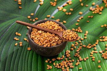 Organic fenugreek seeds in the bowl. Trigonella foenum-graecum