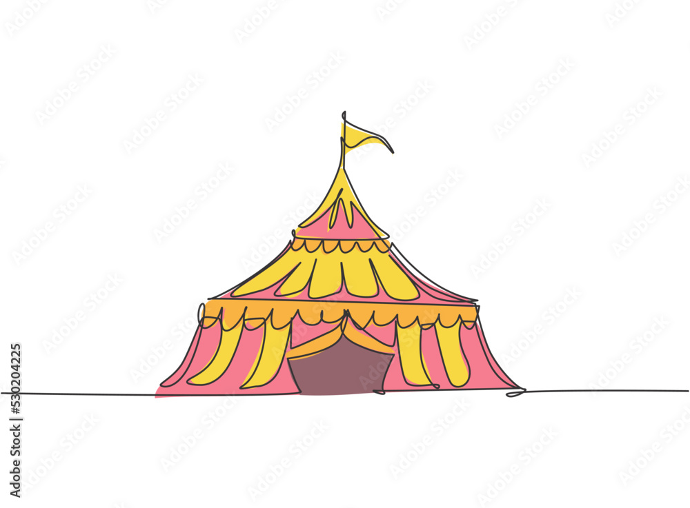 Poster single continuous line drawing circus tent in the shape of a triangle with stripes and a flag at the