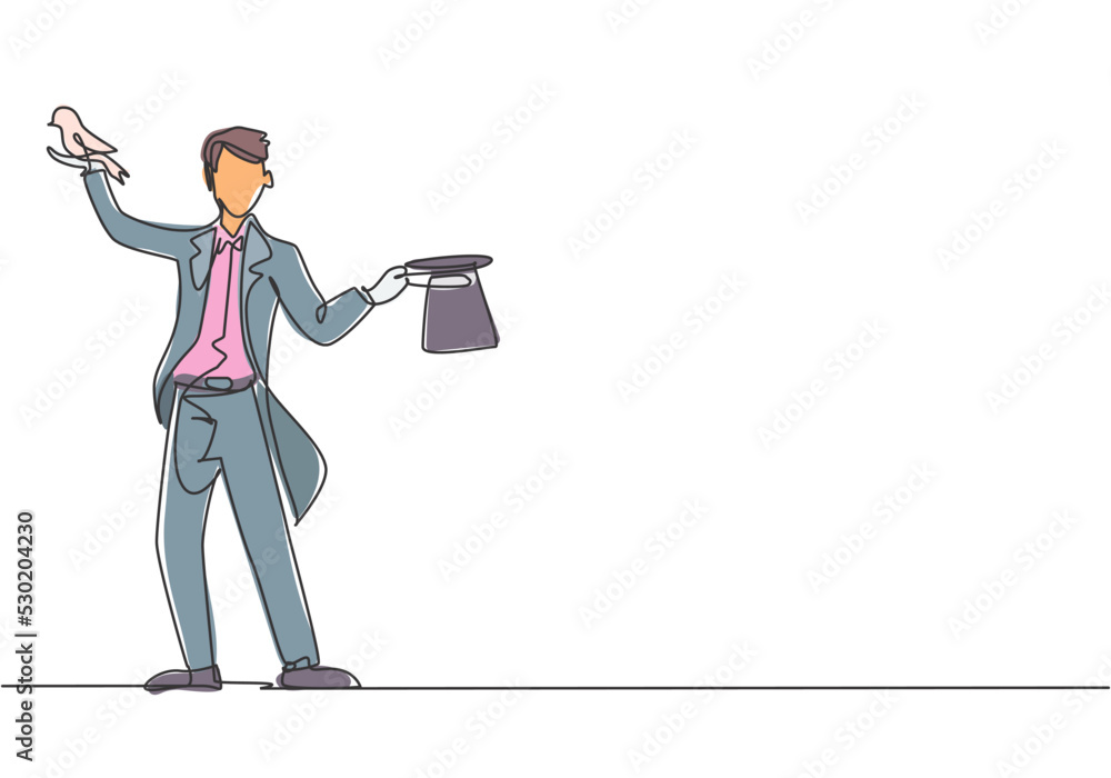 Poster single continuous line drawing the magician puts on a show by getting a bird out of his magic hat. a
