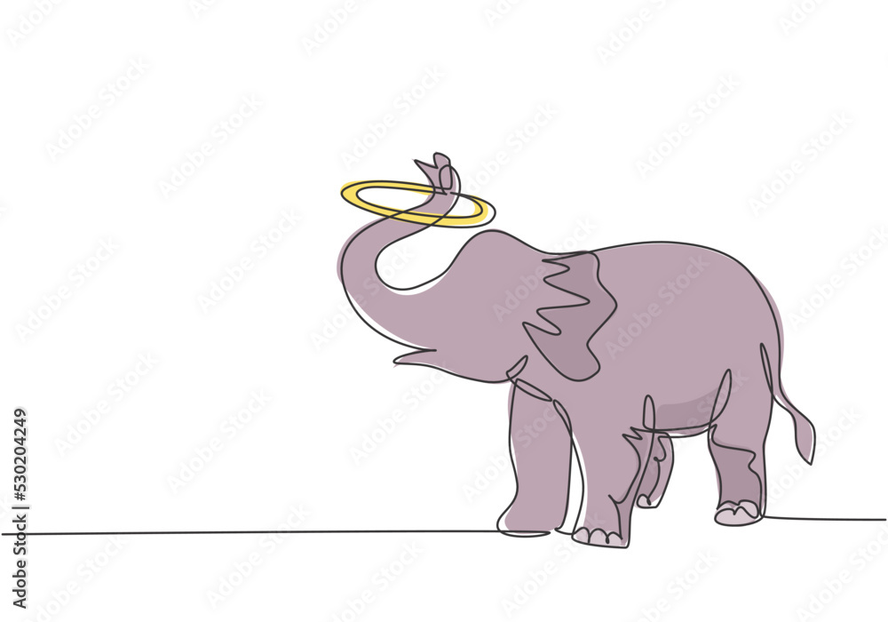 Aufkleber single one line drawing of an elephant performs a circus show by turning a circle using its trunk. c