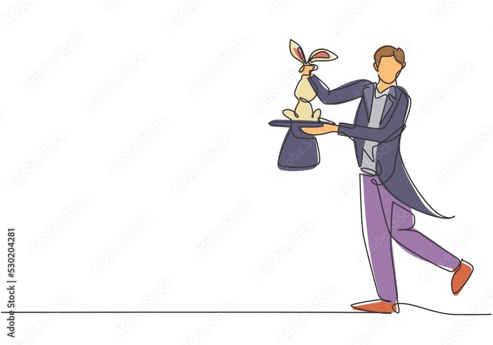 Poster single continuous line drawing the magician puts on a show by getting a rabbit out of his magic hat.