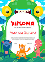 Fototapeta premium Kids diploma. Cartoon monster characters. Child graduation award, vector certificate or diploma with creepy monkey, toothy lizard and fairy dragon, funny sloth animal, squid cute monster personages