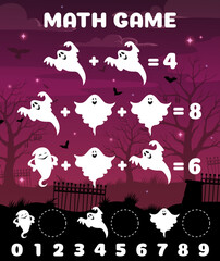 Cartoon funny Halloween ghost silhouettes. Math game worksheet. Child education game, addition quiz or kids Halloween riddle vector worksheet with night cemetery landscape, funny ghosts silhouettes