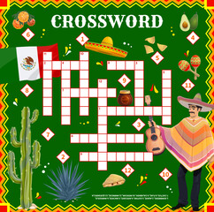 Mexican musician, vector sombrero, flag and food crossword grid worksheet. Find a word quiz game or puzzle, educational riddle with cartoon mariachi, maracas, guitar and nachos, cactus and marigold