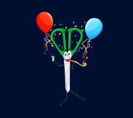 Holiday birthday celebration. Cartoon scissors character. Isolated vector educational or office supply celebrate party with balloons and confetti. Funny cutting tool, stationery personage rejoice