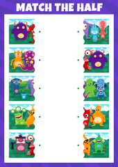 Match the half of cartoon monster characters. Objects parts matching puzzle, kids quiz vector worksheet with alien slug, zombie and funny dragon, angry bull, five eyed octopus funny monster personages
