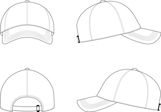 Blank Baseball Cap Mock-Up Vector Outline, Front Back and Side View