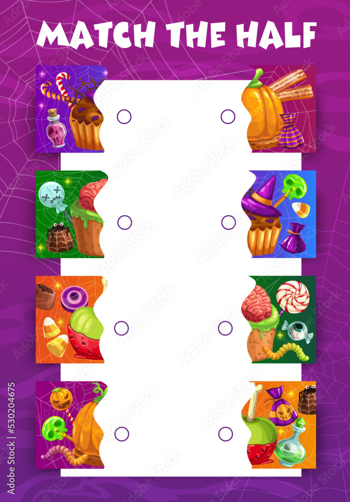 Wall mural match the half of halloween sweets and candy. piece connect riddle or child puzzle vector worksheet 