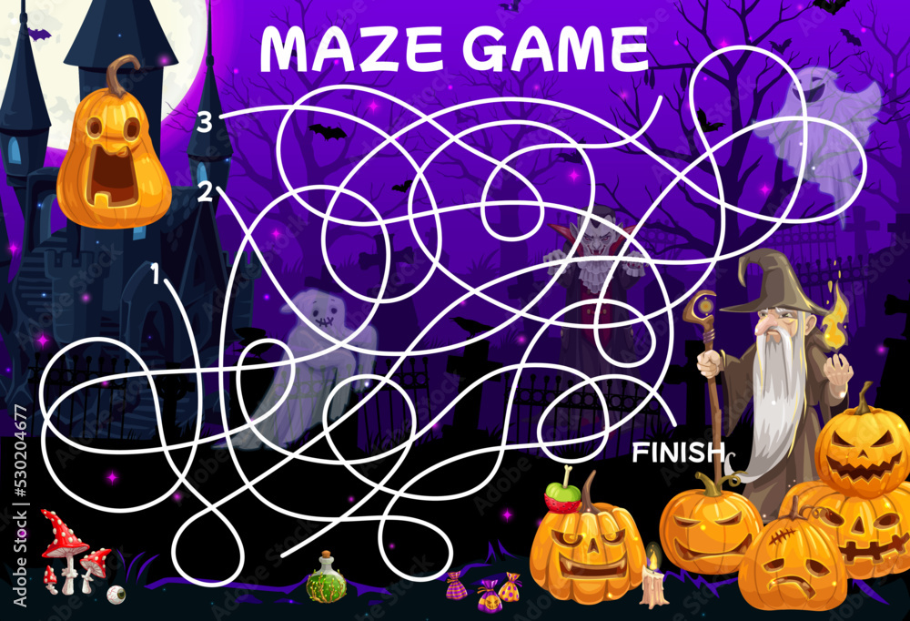 Aufkleber labyrinth maze. help to sorcerer find a halloween pumpkin lantern. child labyrinth puzzle or maze ri