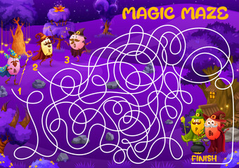 Labyrinth maze game. Cartoon vitamin wizard and mage characters. Children search path playing activity or Halloween quiz vector worksheet with B, C, D, and K vitamin pills sorcerers funny personages