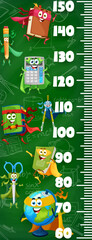 Kids height chart ruler. Cartoon school superhero characters. Kids height vector scale or meter with book, pencil, calculator and copybook, scissors, globe school supplies defender funny personages
