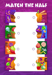 Match the half of Halloween sweets and candy. Piece connect riddle or child puzzle vector worksheet with chocolate muffin, apple, creepy cupcake and pumpkin jelly Halloween spooky dessert pastry