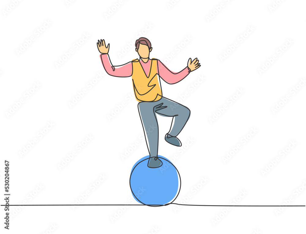 Poster continuous one line drawing a male acrobat performs a standing stunt with one foot on a circus ball 