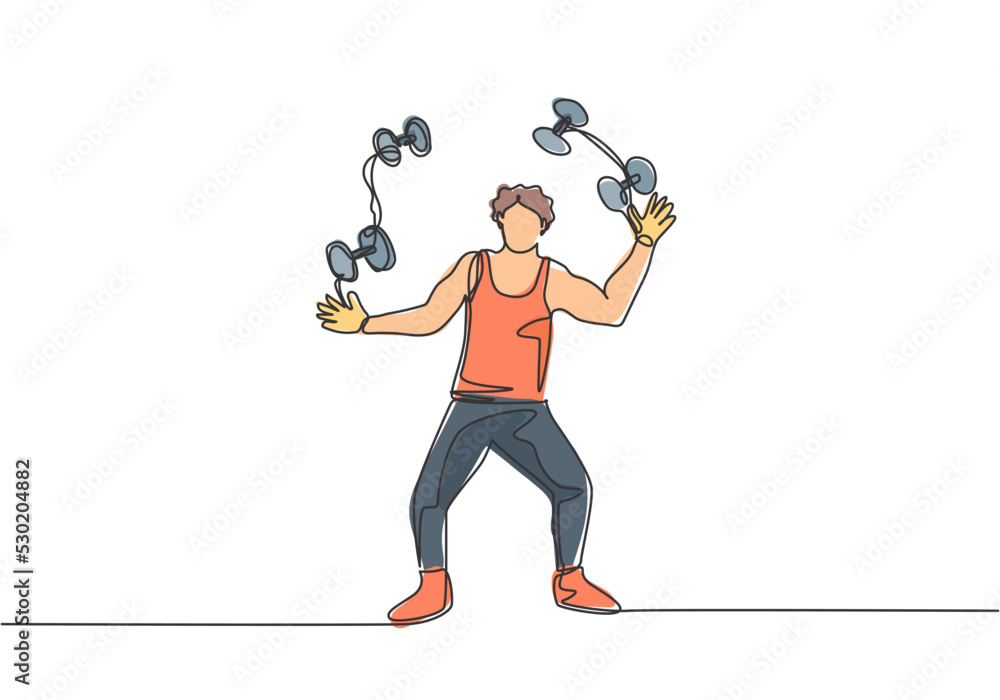 Aufkleber single one line drawing an acrobat juggling small dumbbells. this game requires dexterity, concentra