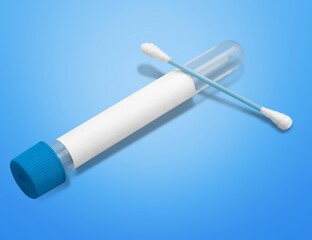 Monkeypox test tube on blue gradient background. Medical virus diagnostics. Concept of monkeypox.