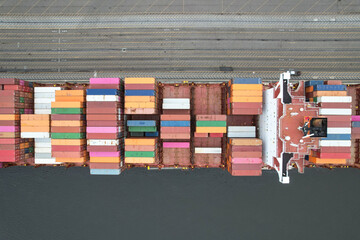 Overhead view of a container ship at the port of Jacksonville, Florida