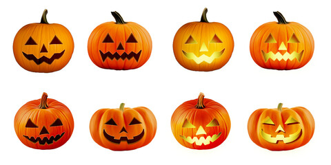Halloween pumpkin head (jack o lantern) realistic illustration set / png