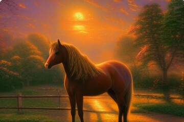 Horse Standing by the Lake at Sunset