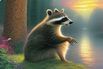 Racoon Sitting by the Lake
