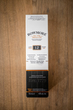 Calgary, Alberta - September 10, 2022: Bowmore Single Malt Scotch Whisky container.