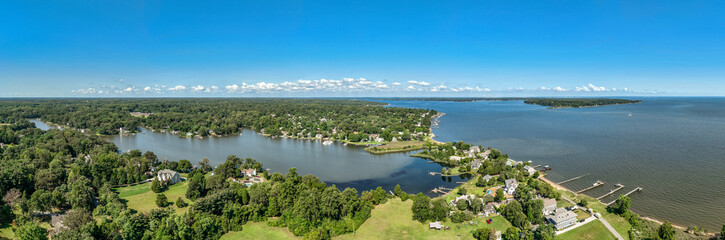 Aerial view of Chesapeake Bay coastline with Magothy river, Gibson island and luxury houses
