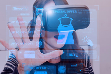 Portrait of happy asian woman use glasses of technology virtual reality headset for fashion online shopping time summer sale and buy something purchases.online shopping VR metaverse technology