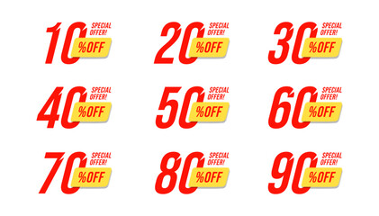 Special offer discount label with different sale percentage. 10, 20, 30, 40, 50, 60, 70, 80, 90 percent off price reduction badge promotion design emblem set vector.