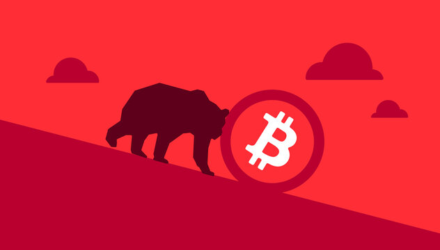 Bitcoin (BTC) bearish market concept. Bitcoin price going down. Bitcoin price falls to all time low. Bitcoin crash design.