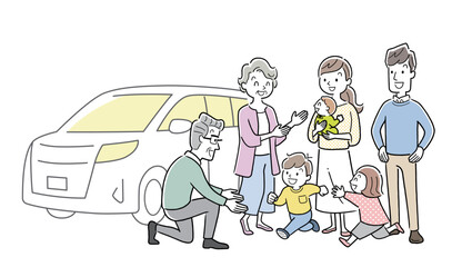 ベクターイラスト素材：3世代家族と車、マイカー
