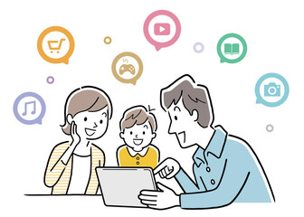 ベクターイラスト素材：タブレットを見て楽しむ家族
