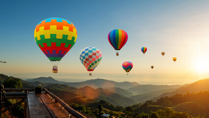 Colorful hot air balloons flying above mountain at sunrise sky background. Travel natural background.