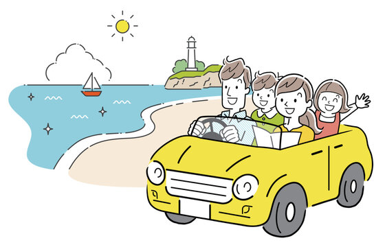 ベクターイラスト素材：家族で海へドライブ、旅行
