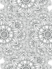 Doodle floral pattern in black and white. A page for coloring book: fascinating and relaxing job for children and adults. Zentangle drawing. Flower carpet in a magic garden
