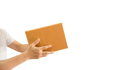 Delivery man hand holding parcel cardboard box isolated on white background. Online shopping and...