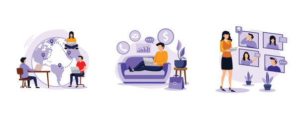 Distance working. Outsourcing, work home office, online conference, freelance job, team digital meeting, IT business. set flat vector modern illustration