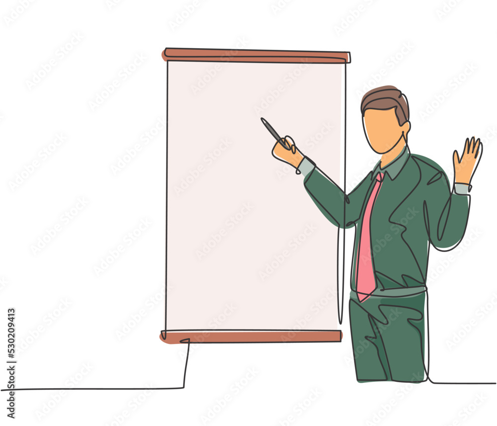 Poster single continuous line drawing of young business manager giving lecture to apprentice during work me