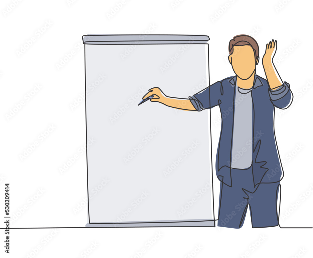 Poster one continuous line drawing of young presenter pointing finger on audience who want to ask while doi