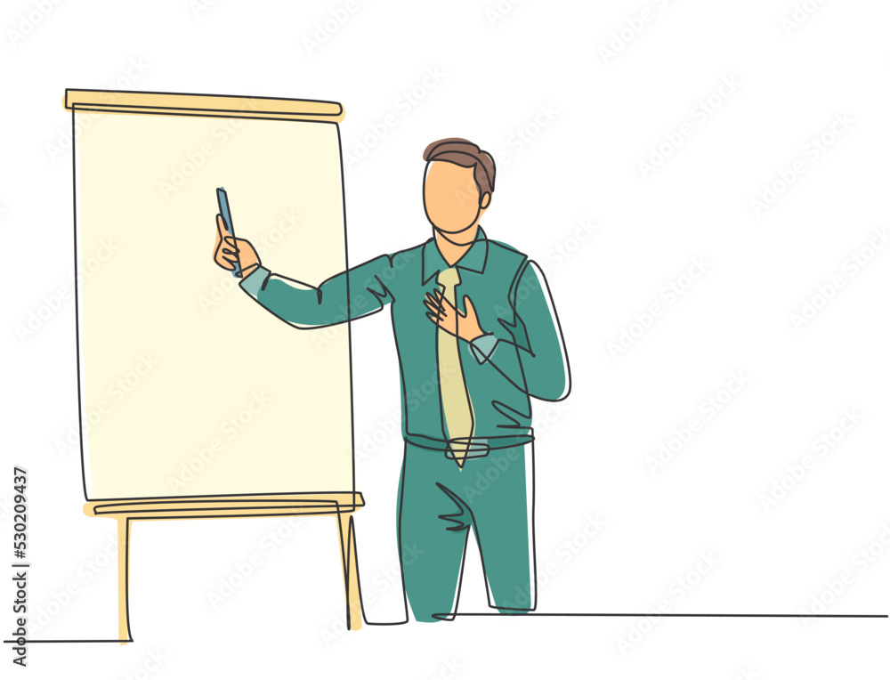 Poster one single line drawing of young presenter explaining business strategy during team meeting. effecti