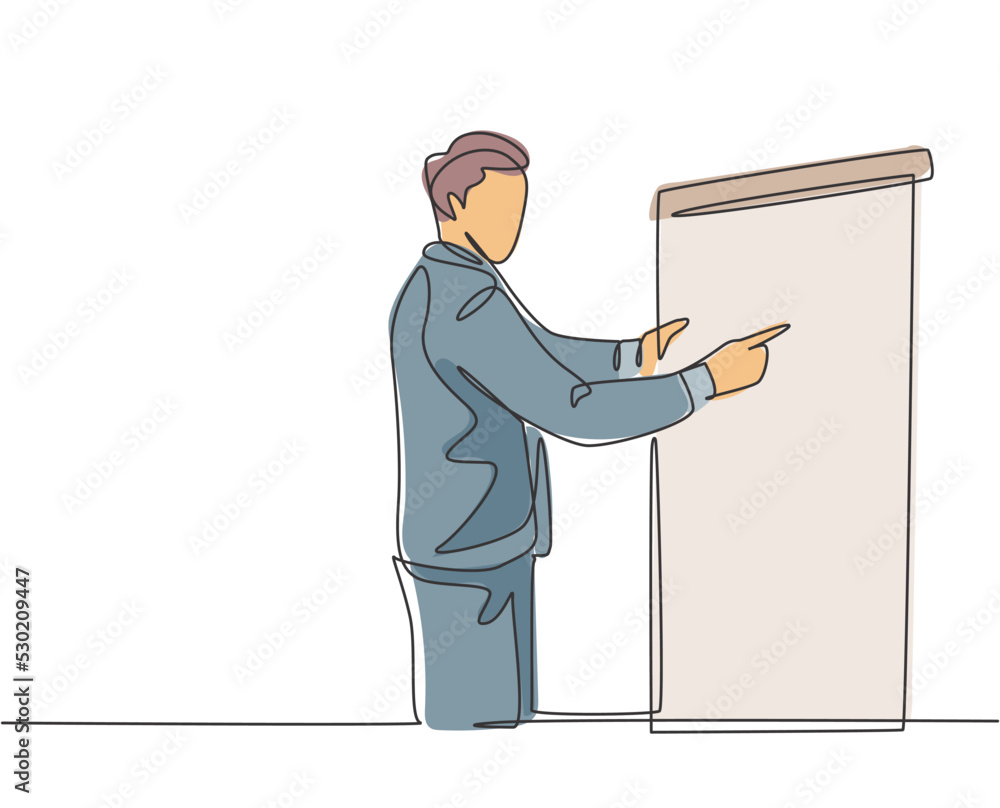 Poster single continuous line drawing of young sales manager pointing a finger to the infographic on screen