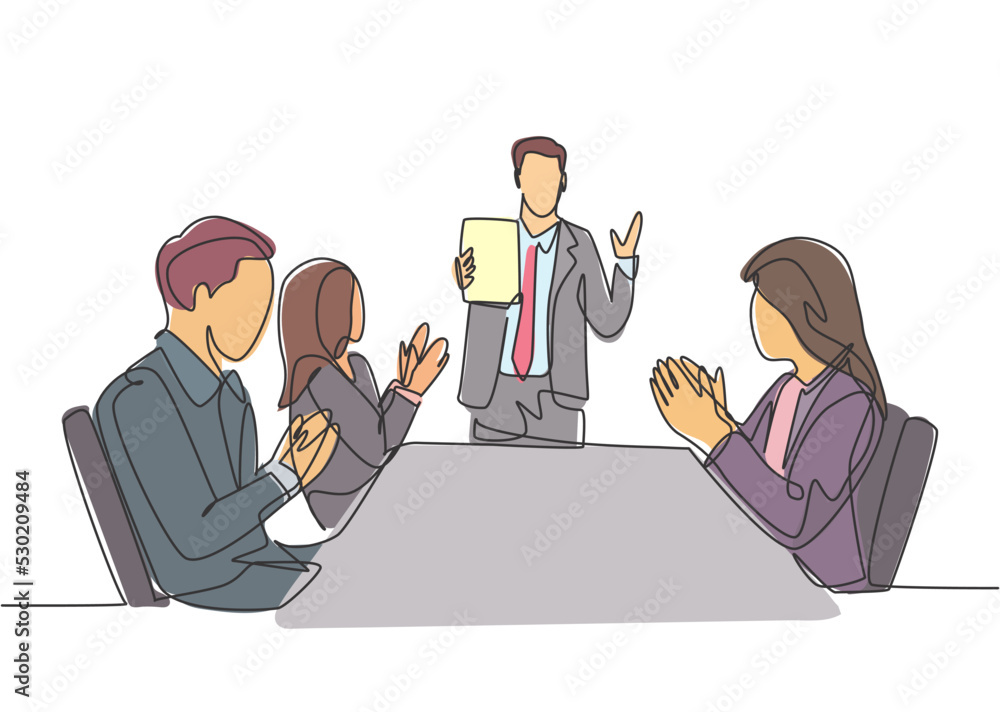 Poster one single line drawing of young happy manager giving interpersonal skill lesson at team meeting in 