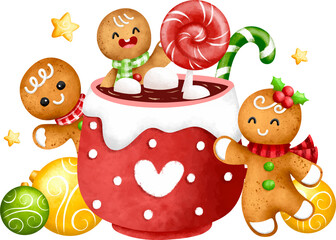 Fototapeta premium Watercolor Illustration Gingerbread and Christmas drink with Christmas ornaments