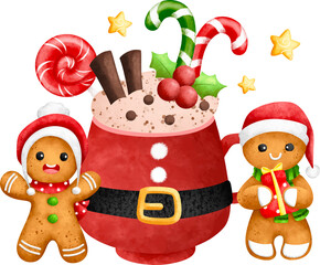 Watercolor Illustration Gingerbread and Christmas drink with Christmas ornaments