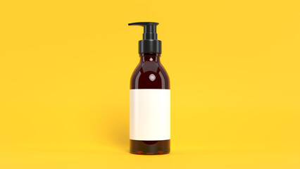 Brown glass cosmetic bottle with a pump cap and label. Mockup of shower gel or liquid soap on yellow background. 3D rendered image.